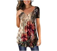 Womens Summer Tops Casual Dressy Top Soft Short Sleeve Tunic Front Pleated Spring V Neck Tees T-Shirts Loose Blouse for Ladies Floral Printed Ladies Henley T-Shirt