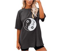 Womens Summer Tops Cotton Blend Vintage Tai Chi Graphic Comfy Shirts Raglan Short Sleeve Loose Fit Basic Blouse Dark Gray