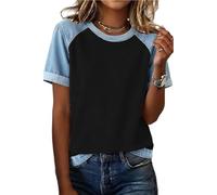 Womens Summer Tops Denim Patchwork Raglan Sleeve T Shirts Fashion Baggy Crew Neck Short Sleeve Color Block Tunic Blouses Causal Trendy Blouse Sports Tee Dressy Comfy Going Out T-Shirts