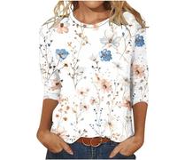 Womens Summer Tops Dressy Casual Crewneck Cute Floral Print Ladies Shirts Trendy 3/4 Sleeve Shirts for Women UK Workout Tunic Blouse Womens Tops Blouses Cotton Tshirts Graphic Tees