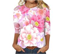 Womens Summer Tops Dressy Casual Crewneck Cute Floral Print Ladies Shirts Trendy 3/4 Sleeve Shirts for Women UK Workout Tunic Blouse Womens Tops Blouses Cotton Tshirts Graphic Tees