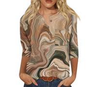 Women's Summer Tops Floral Print Button Down Tunics Three Quarter Sleeve V Neck Plus Size T-Shirts Dressy Casual Beach Blouse Casual Loose Tshirts Summer Tops for Women 2024 Light Brown Large