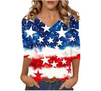 Womens Summer Tops Graphic Tees 4Th of July 3/4 Sleeve Shirts Floral Boho Tops V Neck American Flag Independence Shirt Loose Fit Tees Shirts Trendy Beach Vacation Clothes