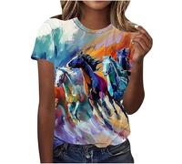 Womens Summer Tops Horse Race Casual Print T-Shirts Crew Neck Short Sleeve Loose Fit Tunic Blouses Trendy Summer Tees Shirts Plus Size Tops Baggy Pullover Fashion Outfits