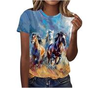 Womens Summer Tops Horse Race Casual Print T-Shirts Crew Neck Short Sleeve Loose Fit Tunic Blouses Trendy Summer Tees Shirts Plus Size Tops Baggy Pullover Fashion Outfits