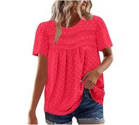 Women's Summer Tops Lace Swiss Dot Blouse Ruffle Short Sleeve T Shirts Dressy Casual Comfy Soft Tunics Loose Fit Shirt Elegant Office Work Tee Solid Top for Ladies UK Clearance, Size S-3XL Red