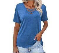 Womens Summer Tops Sale Short Sleeve V Neck Shirts Loose Casual V Neck Blouses Tees Criss Cross Solid Color Tunic Pullovers Ladeis Beach Going Out T-Shirts Office Work Top Plus Size S-XXL Blue