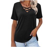 Womens Summer Tops Sale Short Sleeve V Neck Shirts Loose Casual V Neck Blouses Tees Criss Cross Solid Color Tunic Pullovers Ladeis Beach Going Out T-Shirts Office Work Top Plus Size S-XXL Black