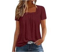 Womens Summer Tops Square Neck Short Sleeve Shirt Hollow Out Breathable Eyelet Top Trendy Calssic Fit Blouse Solid Color Lightweight Shirt Casual Top for Ladies UK Size Pullover Blouse Tops Wine