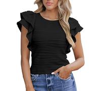 Women's Summer Tops Trendy Double-Layered Ruffle Cap Sleeve Blouses 2024 Summer Business Work T-Shirts Elegant Ladies Short Sleeve Tops for Office Black