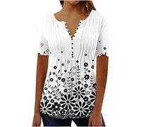 Womens Summer Tops UK Button V Neck Henley Shirts Elegant Vintage Floral Print Short Sleeve Pleated Front Going Out Vacation Outfits Tunic Tops Blouses & Shirts Ladies Clearance