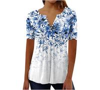 Womens Summer Tops UK Button V Neck Henley Shirts Elegant Vintage Floral Print Short Sleeve Pleated Front Going Out Vacation Outfits Tunic Tops Blouses & Shirts Ladies Clearance