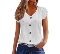 Womens Summer Tops V Neck Eyelet Ruffle Short Sleeve Slim Fit Button Down Casual Babydoll Shirts Ladies Business Smart Work Office Dressy Blouse 2025 Trendy Clothes White