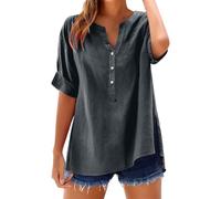 Womens Summer Tops Waffle Knit Crew Neck 3/4 Sleeve Ladies T-Shirts 2025 Fashion Patchwork Oversized Women's Blouses Shirts Loose Fit Casual Button Down Blouse Sweatshirt(Grey,M)