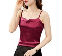 Womens Summer Tops,Women'S Spaghetti Strap Cami Summer Soft Camisole Burgundy Silk Satin Solid Color V Neck Stitching Sexy Tank Tops Tunic Blouses Vest For Party Beach Daily Leisure,L
