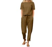 Women's Summer Tracksuits 2 Piece Outfits Linen Co Ords Sets Loose Fit Round Neck Short Sleeve T-Shirt Solid Cotton Linen Tops and Pants Casual Trousers Plus Size Loungewear