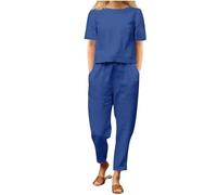 Women's Summer Tracksuits 2 Piece Outfits Linen Co Ords Sets Loose Fit Round Neck Short Sleeve T-Shirt Solid Cotton Linen Tops and Pants Casual Trousers Plus Size Loungewear