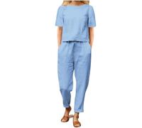 Women's Summer Tracksuits 2 Piece Outfits Linen Co Ords Sets Loose Fit Round Neck Short Sleeve T-Shirt Solid Cotton Linen Tops and Pants Casual Trousers Plus Size Loungewear