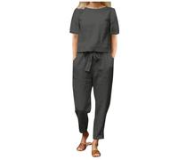 Women's Summer Tracksuits 2 Piece Outfits Linen Co Ords Sets Loose Fit Round Neck Short Sleeve T-Shirt Solid Cotton Linen Tops and Casual Trousers Plus Size Loungewear(A1 Dark Gray,L)