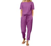 Women's Summer Tracksuits 2 Piece Outfits Linen Co Ords Sets Loose Fit Round Neck Short Sleeve T-Shirt Solid Cotton Linen Tops and Pants Casual Trousers Plus Size Loungewear
