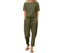 Women's Summer Tracksuits 2 Piece Outfits Linen Co Ords Sets Loose Fit Round Neck Short Sleeve T-Shirt Solid Cotton Linen Tops and Pants Casual Trousers Plus Size Loungewear