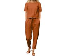 Women's Summer Tracksuits 2 Piece Outfits Linen Co Ords Sets Loose Fit Round Neck Short Sleeve T-Shirt Solid Cotton Linen Tops and Pants Casual Trousers Plus Size Loungewear