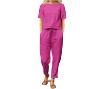 Women's Summer Tracksuits 2 Piece Outfits Linen Co Ords Sets Loose Fit Round Neck Short Sleeve T-Shirt Solid Cotton Linen Tops and Pants Casual Trousers Plus Size Loungewear Hot Pink