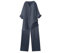 Women's Summer Tracksuits 2 Piece Outfits Linen Co Ords Sets Loose Fit V Neck Button Up Short Sleeve T-Shirt and Trousers Set Solid Cotton Linen Tops and Pants Casual Trousers Suits Loungewear