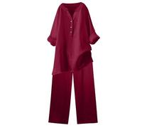 Women's Summer Tracksuits 2 Piece Outfits Linen Co Ords Sets Loose Fit V Neck Button Up Short Sleeve T-Shirt and Trousers Set Solid Cotton Linen Tops and Pants Casual Trousers Suits Loungewear