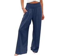 Womens Summer Trousers Ladies Lightweight Pants Wide Leg Joggers Linen Pants Womens Long Ladies Pinstripe Cropped Trousers Elasticated Waist Navy