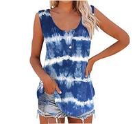 Women's Summer Tunic Sleeveless V Neck Button Tank Tops Tie Dye Casual Henley Shirts Plus Size Basic Loose Fit Vests Lagenlook Longline Blouse UK Clearance