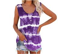 Women's Summer Tunic Sleeveless V Neck Button Tank Tops Tie Dye Casual Henley Shirts Plus Size Basic Loose Fit Vests Lagenlook Longline Blouse UK Sale Clearance