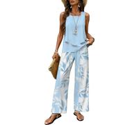 Women's Summer Two Piece Set Boho Going Out Outfit Floral Printed sleeveless square Neck Double Layer Top Wide Leg Pants Sets (Light Blue,3XL)