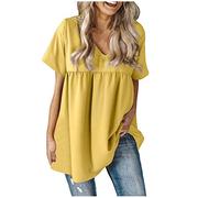 Women's Summer V-Neck Short Sleeve Solid Loose Casual Shirt Top Flowing Shirt Top with Zip Women, yellow, 5XL
