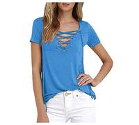 Women's Summer V-Neck Short Sleeve T-Shirt Casual Tunic Beach Solid Blouse Top T-Shirt Shirt Women, sky blue, 5XL