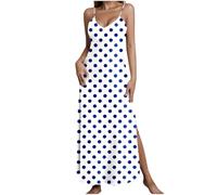 Women's Summer V Neck Sleeveless Spaghetti Strap Polka Dot Side Split Maxi Long Slip Dress Loose Relaxed Fit Casual Holiday Beachwear Loungewear Nightgown