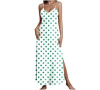 Women's Summer V Neck Sleeveless Spaghetti Strap Polka Dot Side Split Maxi Long Slip Dress Loose Relaxed Fit Casual Holiday Beachwear Loungewear Nightgown