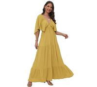Women's Summer V-Neck, Tiered Silhouette with Flutter Sleeves Maxi Dress for Casual, Yellow, M