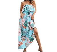Womens Summer Vacation Casual Sexy Tube Bandeau Maxi Dresses Hawaii Smocked Dress Flowy Swing Beach Boho Dress Blue