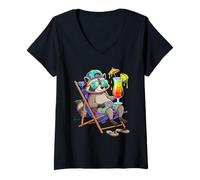 Women's Summer Vacation Raccoon Tropical Drink Beach Trash Panda V-Neck T-Shirt
