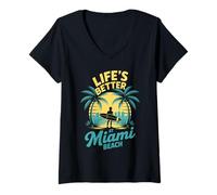 Women's Summer Vacation Surfer Tropical Life's Better At Miami Beach V-Neck T-Shirt