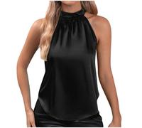 Women's Summer Vest Button-up Halter Neck Blouse Solid Sleeveless Off-Shoulder Round Neck Vest Women's Satin Halter Top Shiny Sleeveless Pullover Top for Formal Summer Wear Black