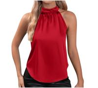 Women's Summer Vest Button-up Halter Neck Blouse Solid Sleeveless Off-Shoulder Round Neck Vest Women's Satin Halter Top Shiny Sleeveless Pullover Top for Formal Summer Wear Red