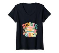 Women's Summer Vibes Retro Beach Sunset Tropical Design V-Neck T-Shirt
