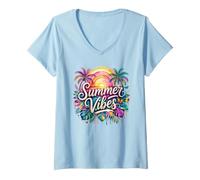 Women's Summer Vibes Tropical Sunset Palm Trees V-Neck T-Shirt