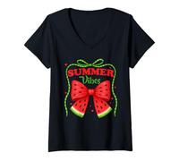 Womens Summer Vibes Watermelon Ribbon Cute Tropical Fruit Lover V-Neck T-Shirt