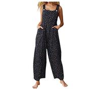 Women's Summer Vintage Floral Prints Dungarees Casual Loose Sleeveless Wide Leg Jumpsuit Baggy Playsuit Adjustable Suspender Straps with Pockets Overall Shirt Playsuit Trousers Pants Romper (Navy, M)