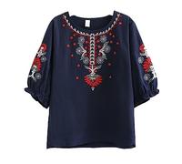 Womens Summer Vintage Tops Loose Short Sleeve Embroidery Casual Blouses Ladies Cotton Linen Baggy Comfy Going Out Tops Relax Fit Retro Square Neck Woman Tshirts