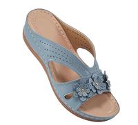 Women's Summer Wedge Heel Mules Women's Summer Flower Sports Shoes Bohemian Beach Sandals Open Toe Slippers Low Wedge Sliders Non-Slip Slides Made of Perforated Mesh Slippers, blue, 7 UK