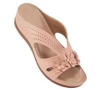 Women's Summer Wedge Heel Mules Women's Summer Flower Sports Shoes Bohemian Beach Sandals Open Toe Slippers Low Wedge Sliders Non-Slip Slides Made of Perforated Mesh Slippers, pink, 5 UK